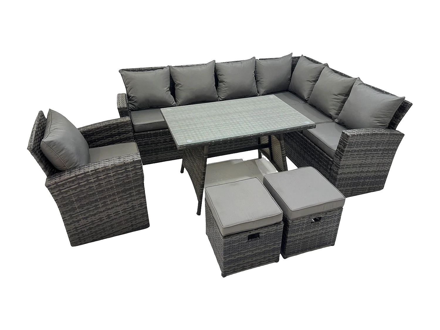 9 Seater High Back Dark Mixed Grey Rattan Corner Sofa Set Outdoor Furniture Rectangular Dining Table 2 Footstools Chair