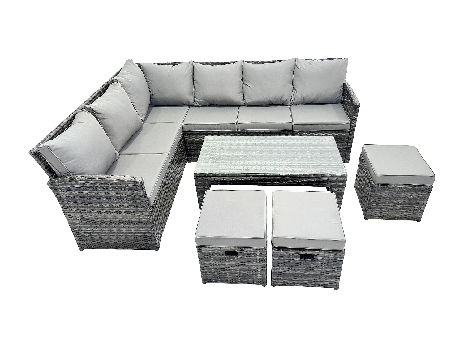 9 Sitzer Outdoor Rattan Gartenmöbel-Set Ecksofa Länger Couchtisch Sets mit Terrassen 3 Kleine Hockern Dunkelgrau gemischt
