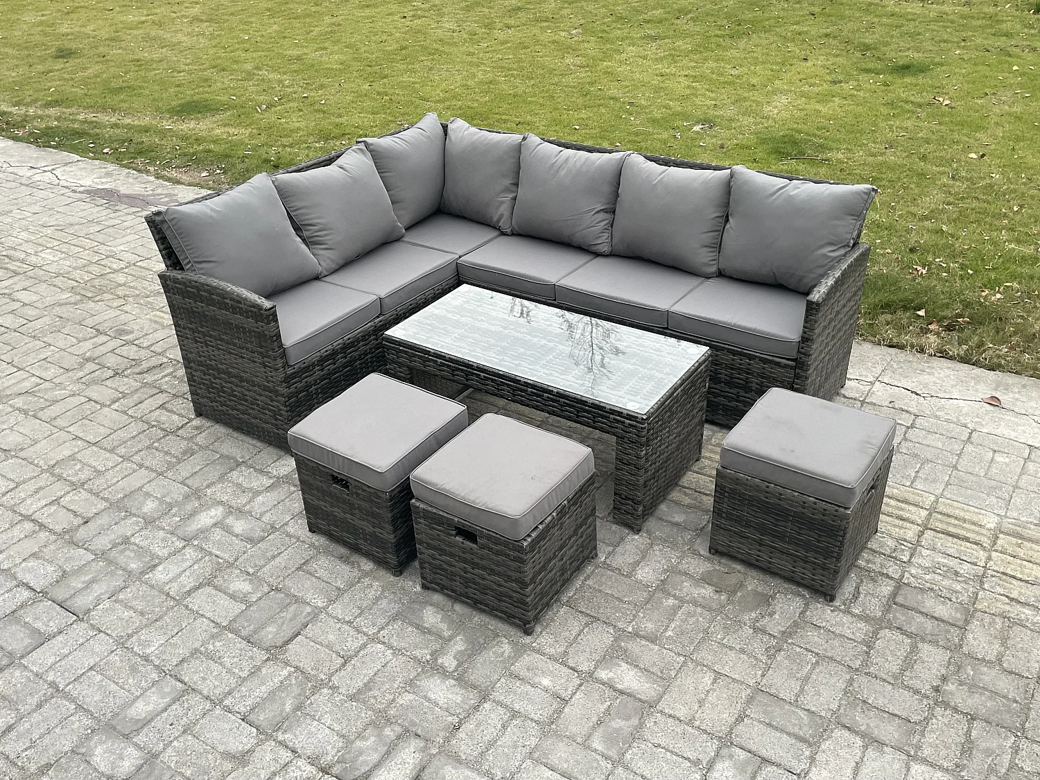 9 Sitzer Outdoor Rattan Gartenmöbel-Set Ecksofa Länger Couchtisch Sets mit Terrassen 3 Kleine Hockern Dunkelgrau gemischt