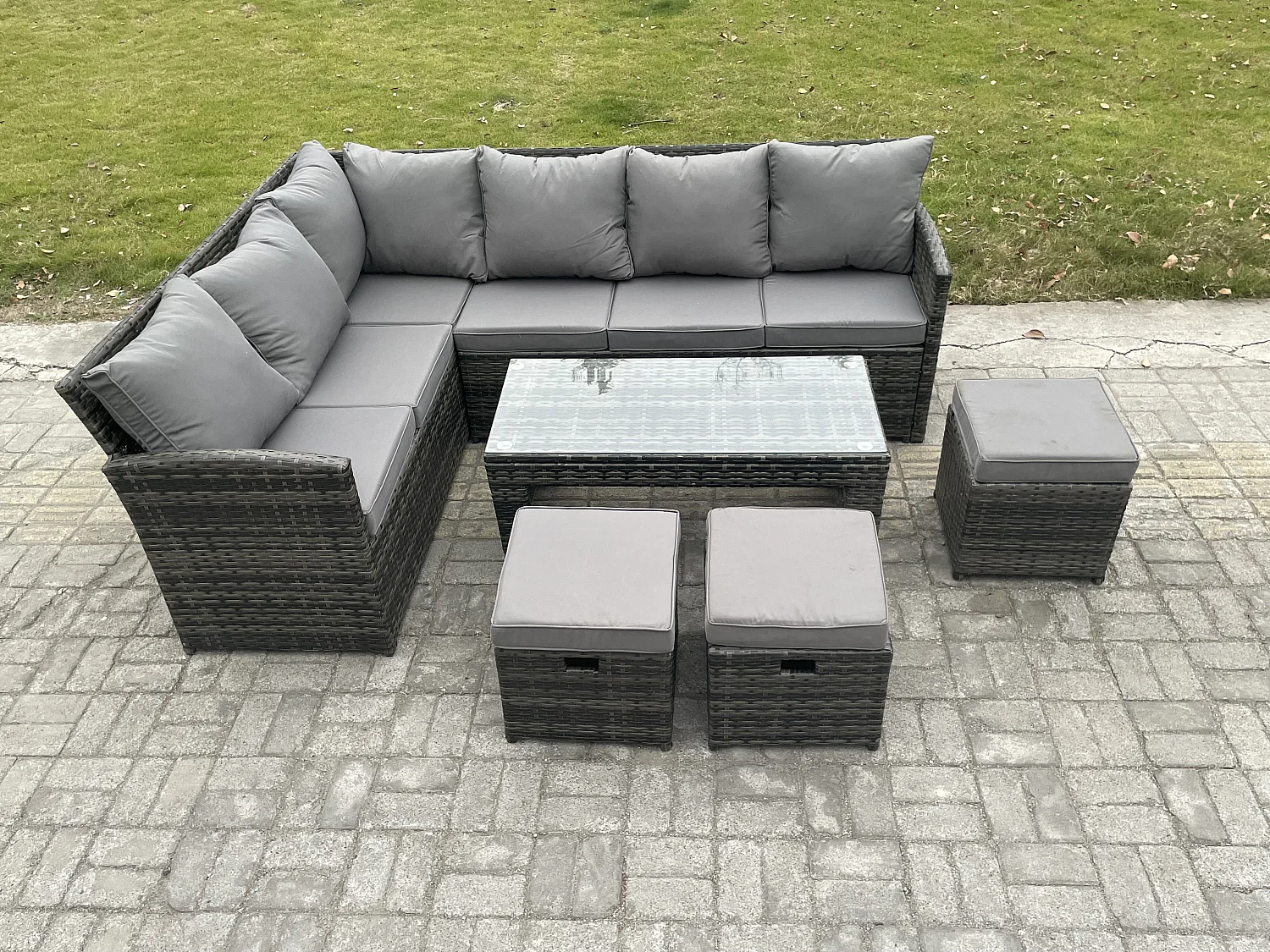 9 Sitzer Outdoor Rattan Gartenmöbel-Set Ecksofa Länger Couchtisch Sets mit Terrassen 3 Kleine Hockern Dunkelgrau gemischt