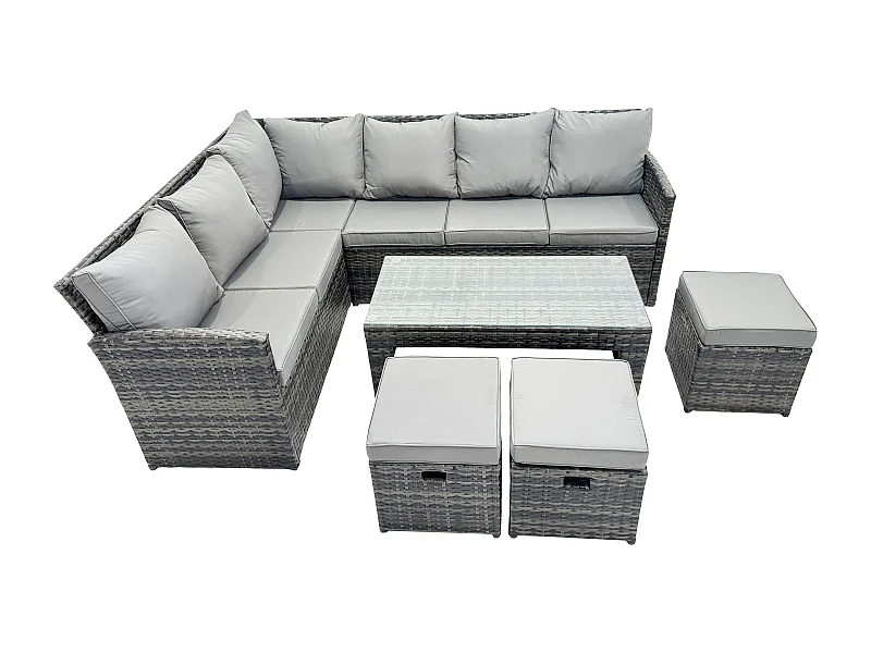 9 Sitzer Outdoor Rattan Gartenmöbel-Set Ecksofa Länger Couchtisch Sets mit Terrassen 3 Kleine Hockern Dunkelgrau gemischt