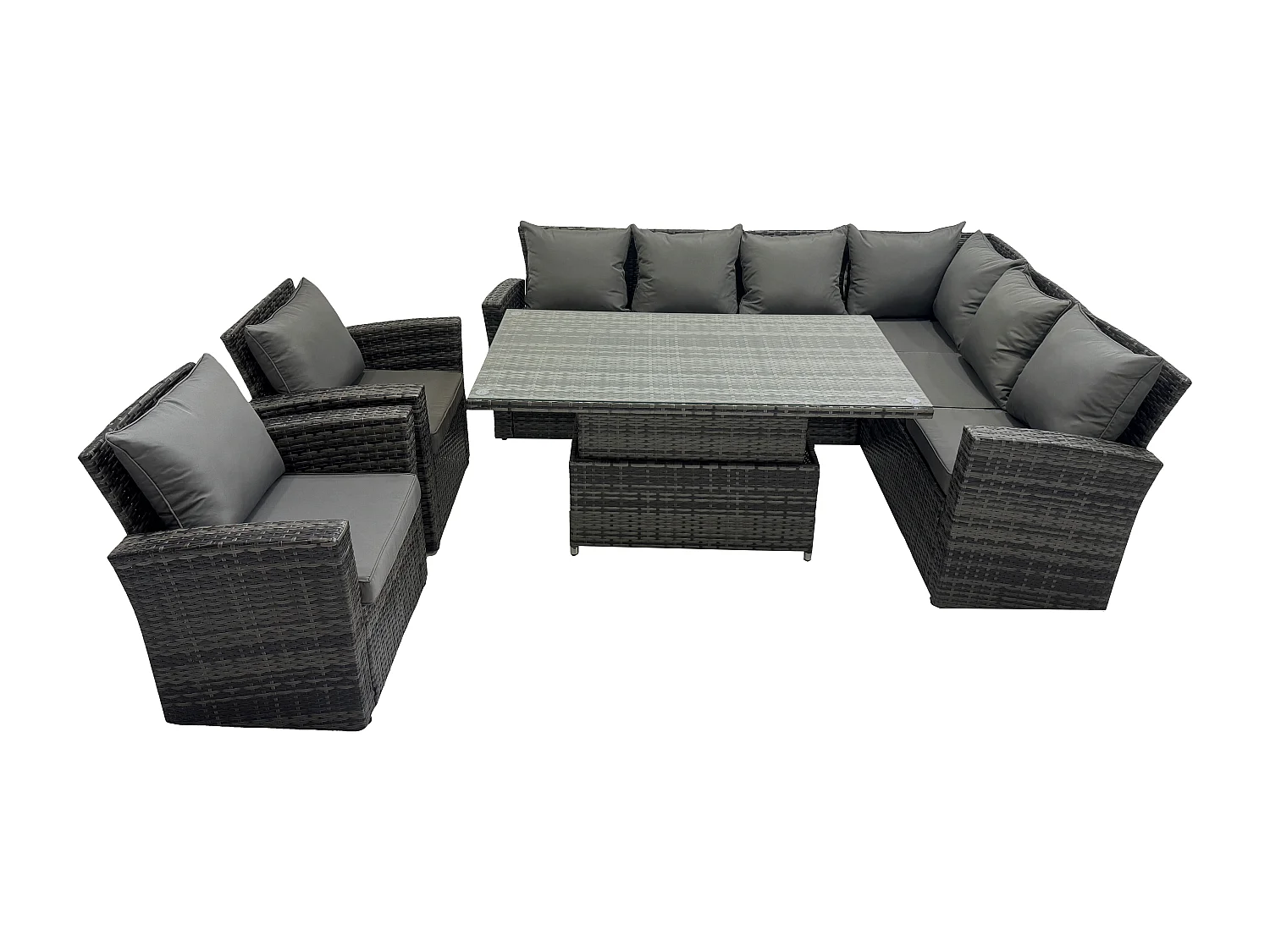 Fimous High Back PE Rattan Corner Sofa Set Garden Furniture Adjustable Rising Lifting Table Set With 2 Chair