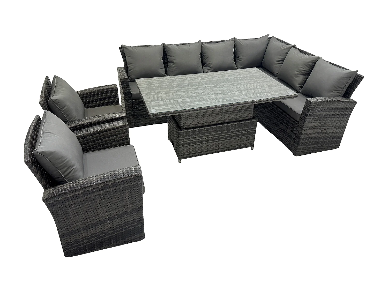 Fimous High Back PE Rattan Corner Sofa Set Garden Furniture Adjustable Rising Lifting Table Set With 2 Chair