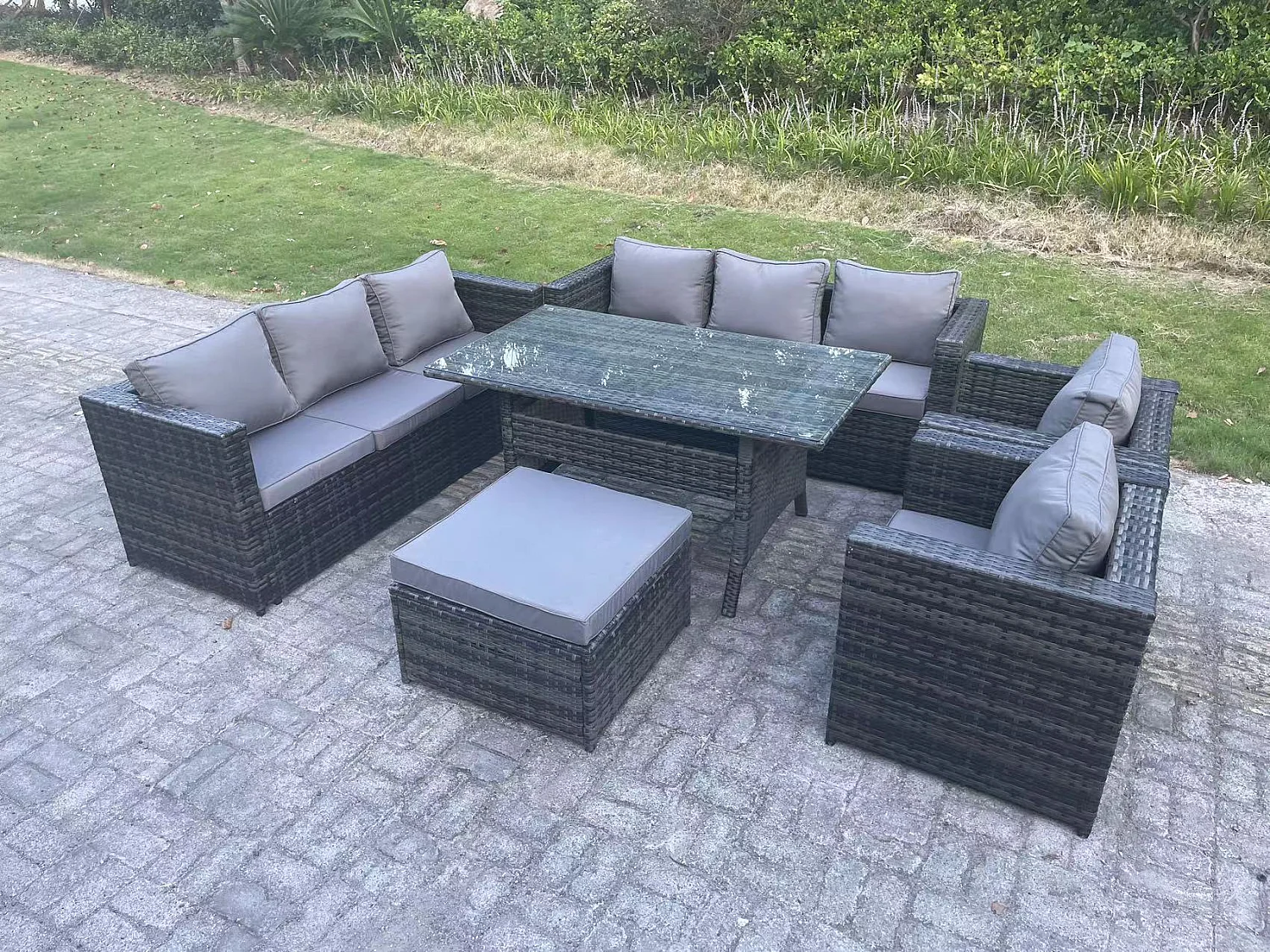 Fimous Outdoor Lounge Sofa Garden Furniture Set Patio Rattan Rectangular Dining Table with 2 Armchair Big Footstool 9 Seater Dark Grey Mixed