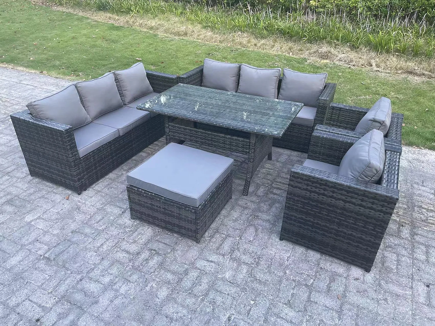 Fimous Outdoor Lounge Sofa Garden Furniture Set Patio Rattan Rectangular Dining Table with 2 Armchair Big Footstool 9 Seater Dark Grey Mixed