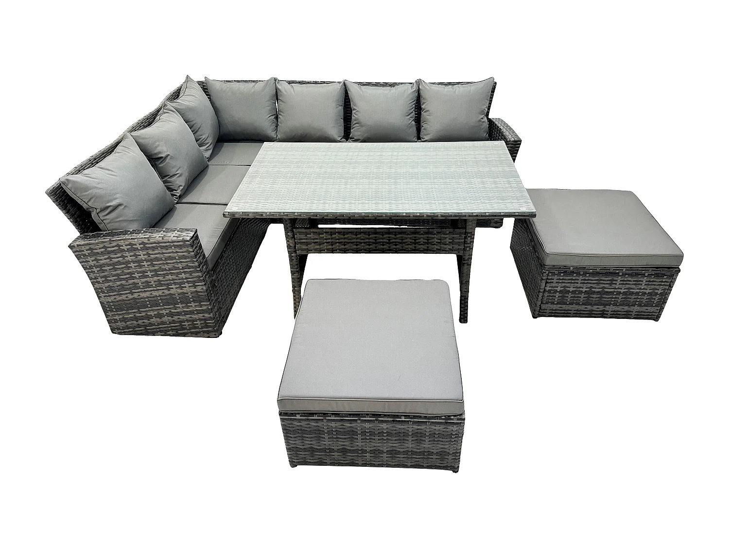 Fimous 8 Seater High Back Rattan Garden Furniture Set Corner Sofa With Rectangular Dining Table 2 Big Footstool Dark Grey Mixed