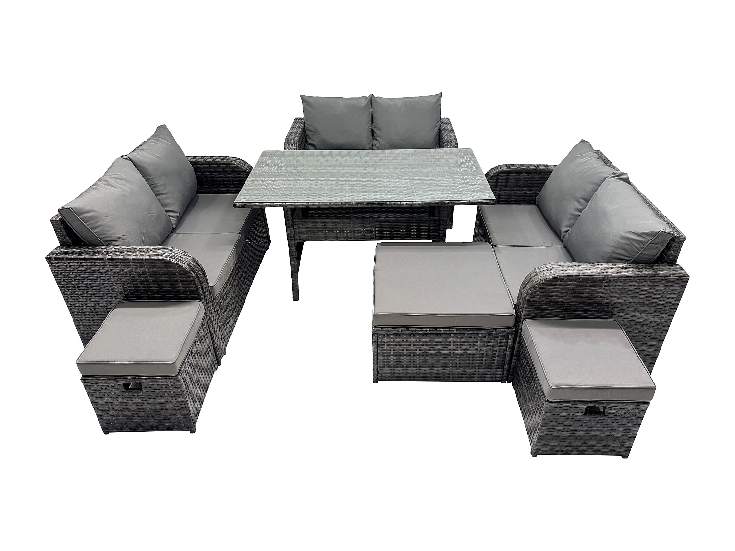 Fimous 9 Seater Outdoor Rattan Garden Furniture Set with Patio Rectangular Dining Table Love Sofa 3 Footstools Dark Grey Mixed