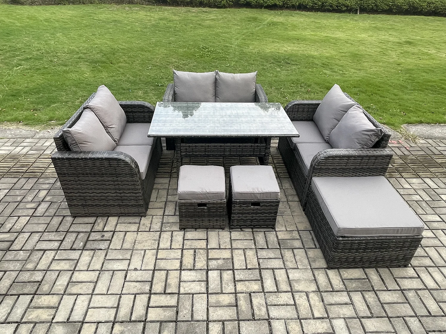 Fimous 9 Seater Outdoor Rattan Garden Furniture Set with Patio Rectangular Dining Table Love Sofa 3 Footstools Dark Grey Mixed