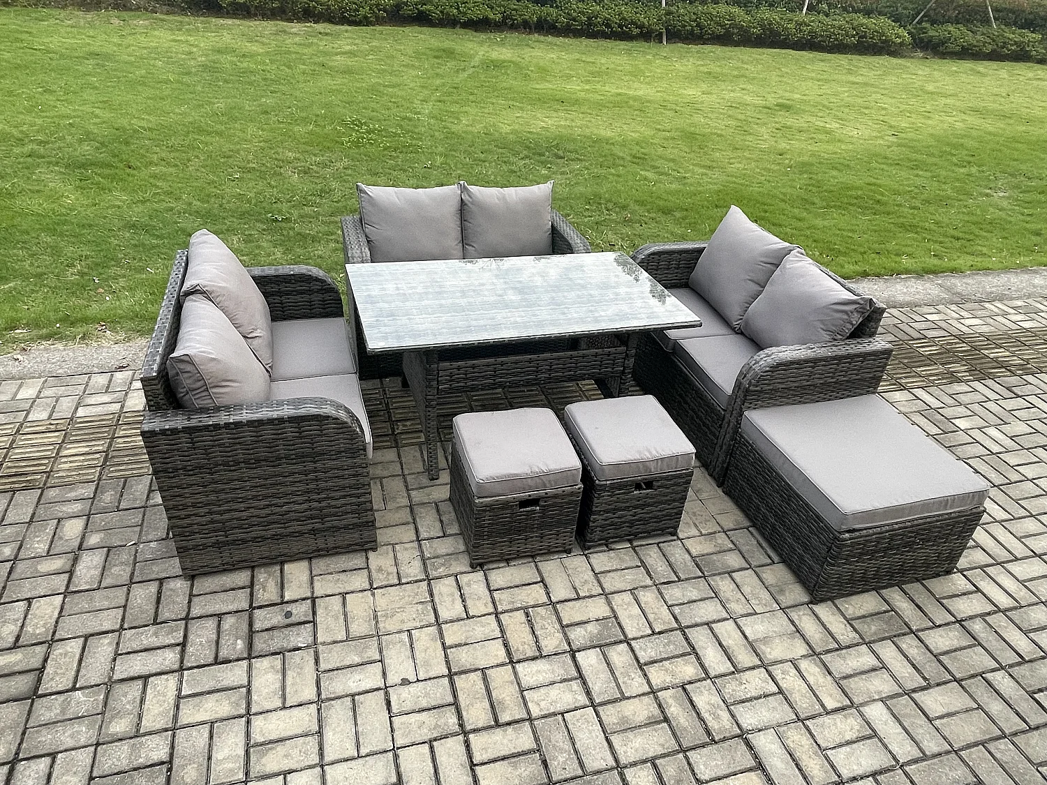 Fimous 9 Seater Outdoor Rattan Garden Furniture Set with Patio Rectangular Dining Table Love Sofa 3 Footstools Dark Grey Mixed