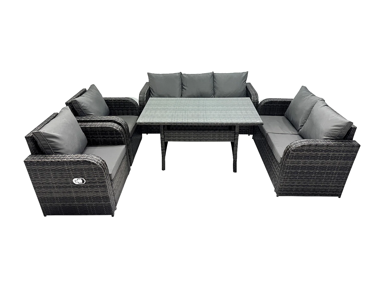 Fimous 7 Seater Lounge Rattan Sofa Set Outdoor Garden Furniture Oblong Rectangular Dining Table With Adjustable Chair Love Sofa Dark Grey Mixed