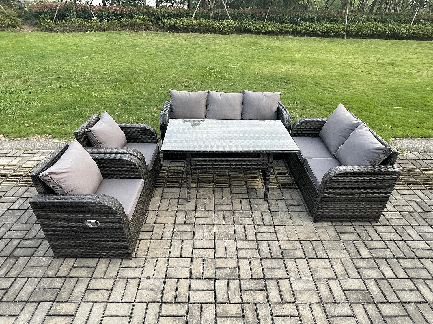 Fimous 7 Seater Lounge Rattan Sofa Set Outdoor Garden Furniture Oblong Rectangular Dining Table With Adjustable Chair Love Sofa Dark Grey Mixed