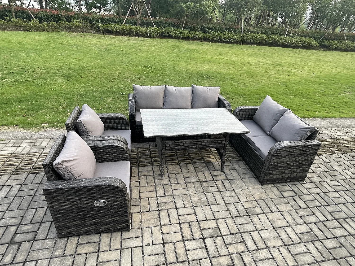 Fimous 7 Seater Lounge Rattan Sofa Set Outdoor Garden Furniture Oblong Rectangular Dining Table With Adjustable Chair Love Sofa Dark Grey Mixed