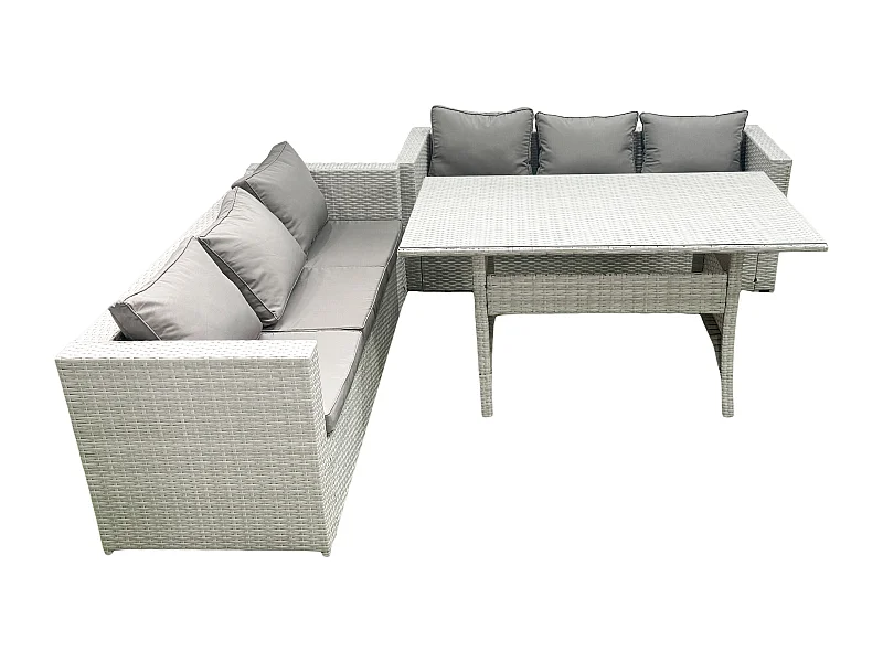 Rattan Gartenmöbel-Set 6 Sitzer mit Esstisch Hellgrau gemischt