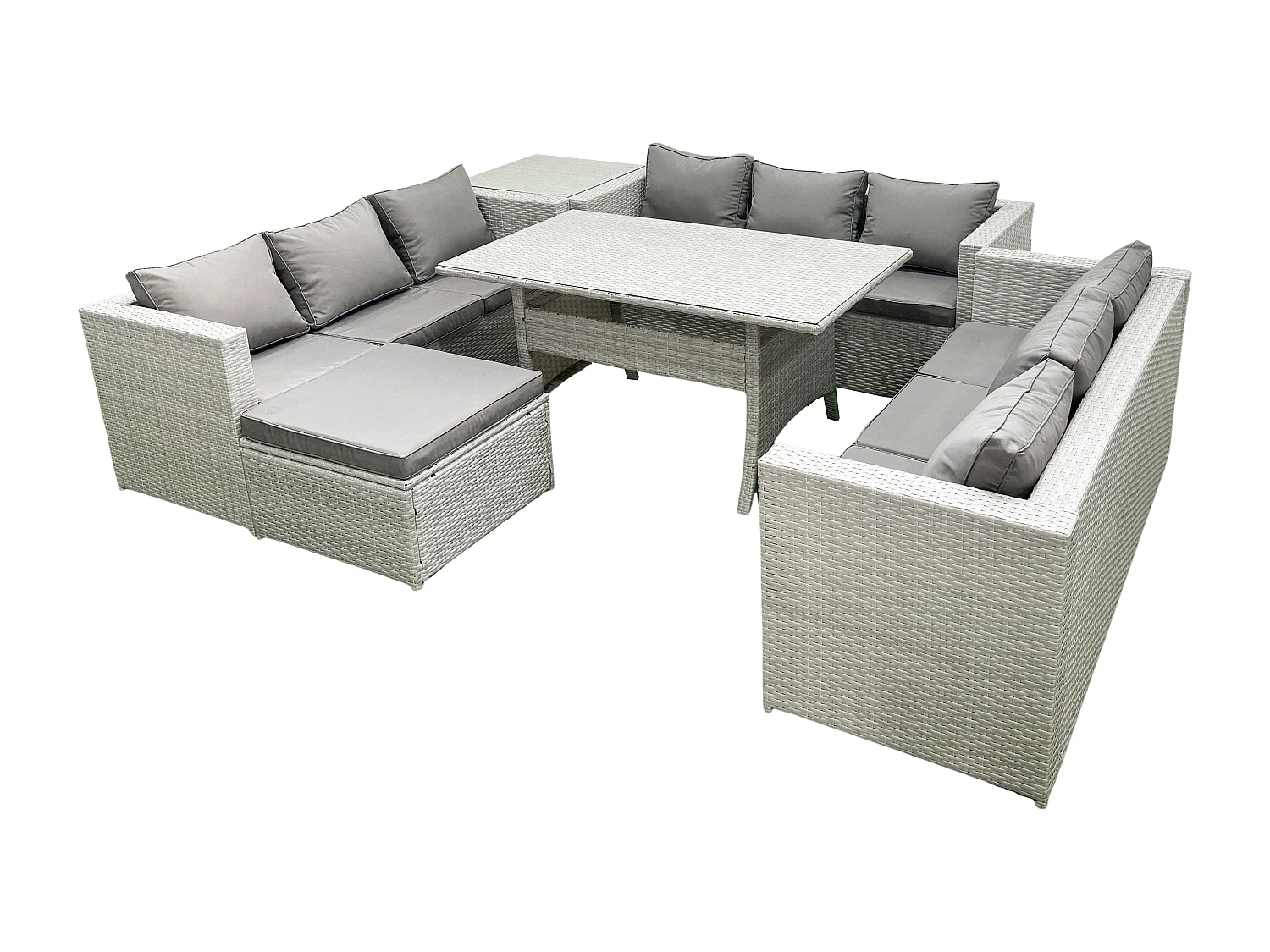 Fimous Rattan Garden Outdoor Furniture Set 10 Seater Garden Sofa Rectangulr Dining Table Set with Big Footstool Side Table Light Grey Mixed