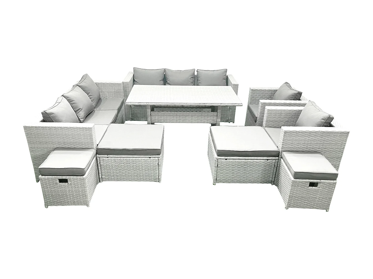 Fimous Rattan Garden Furniture Dining Set 12 Seater Lounge Sofa Chair Dining Table Set with 4 Footstools Light Grey Mixed