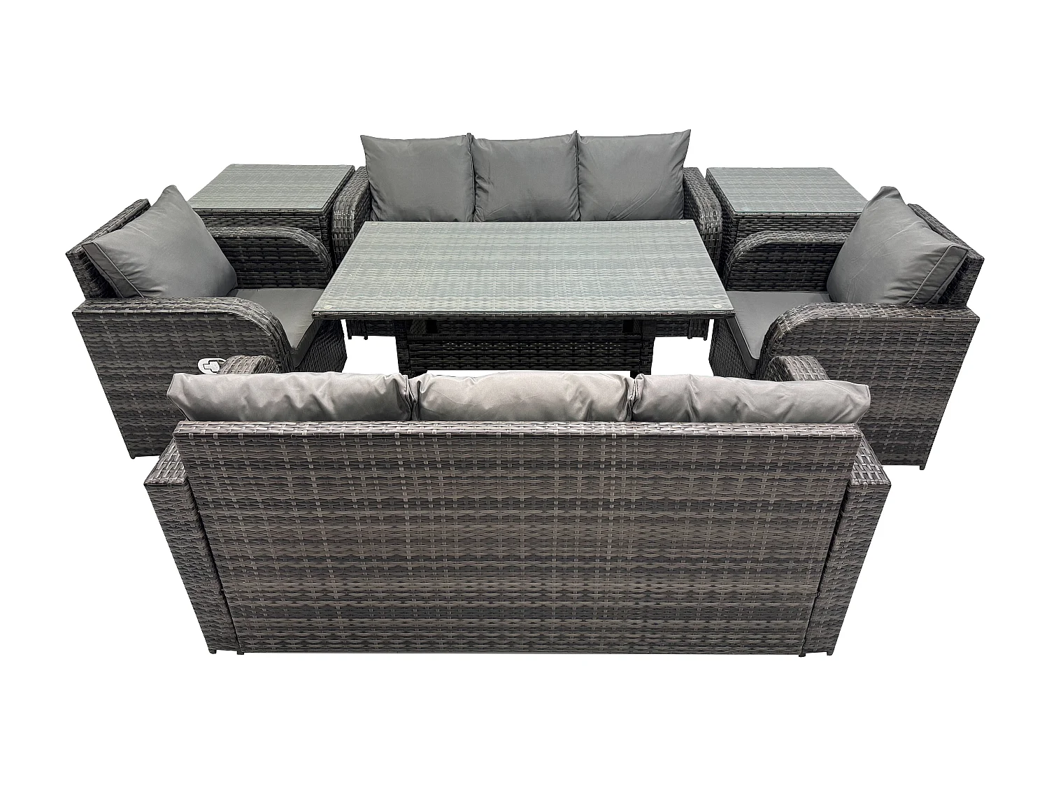 Fimous Outdoor Garden Patio Furniture Wicker Rattan Oblong Rectangular Dining Table and Lounge Sofa set with 2 Side Table Dark Grey Mixed