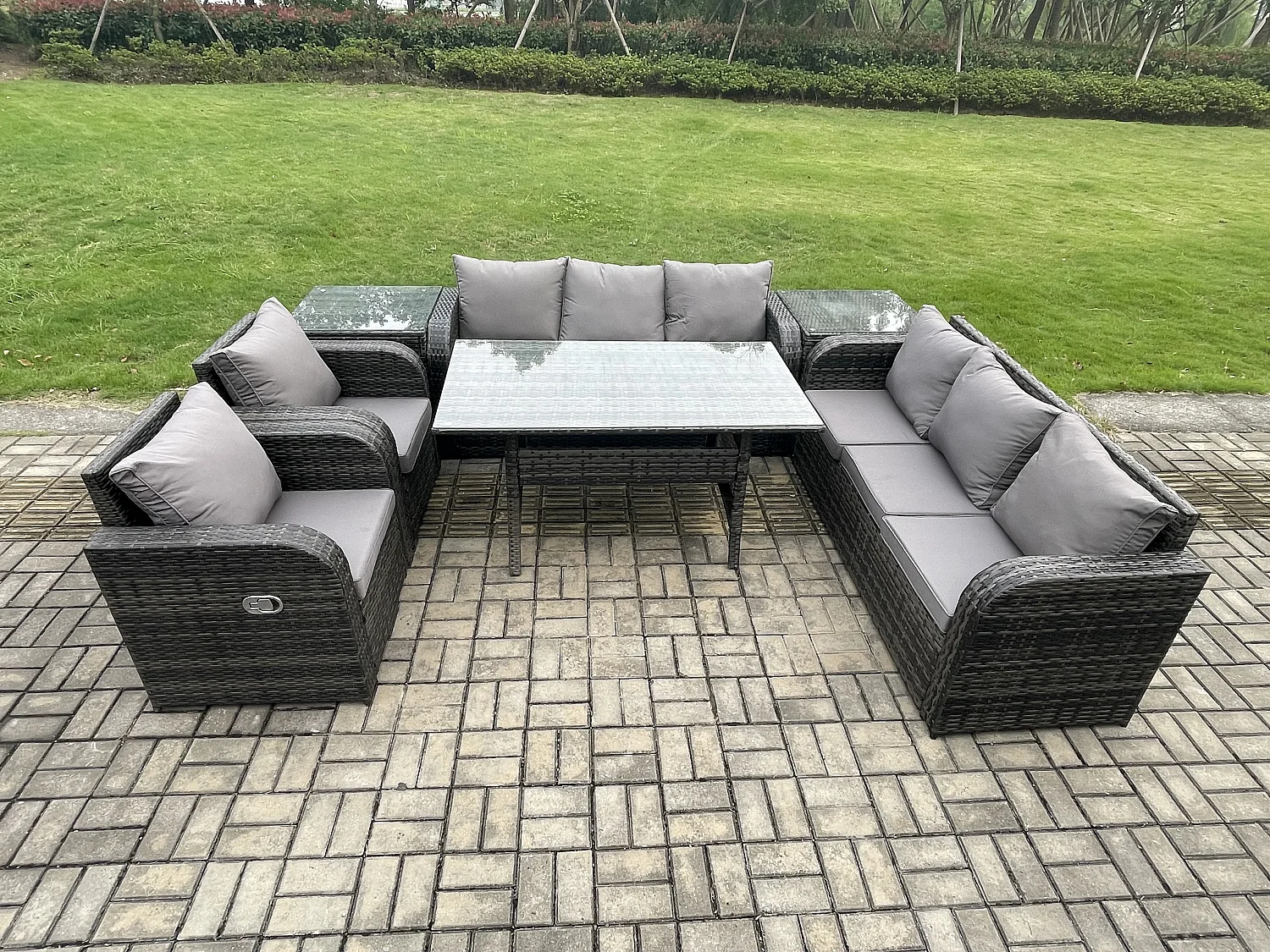 Fimous Outdoor Garden Patio Furniture Wicker Rattan Oblong Rectangular Dining Table and Lounge Sofa set with 2 Side Table Dark Grey Mixed