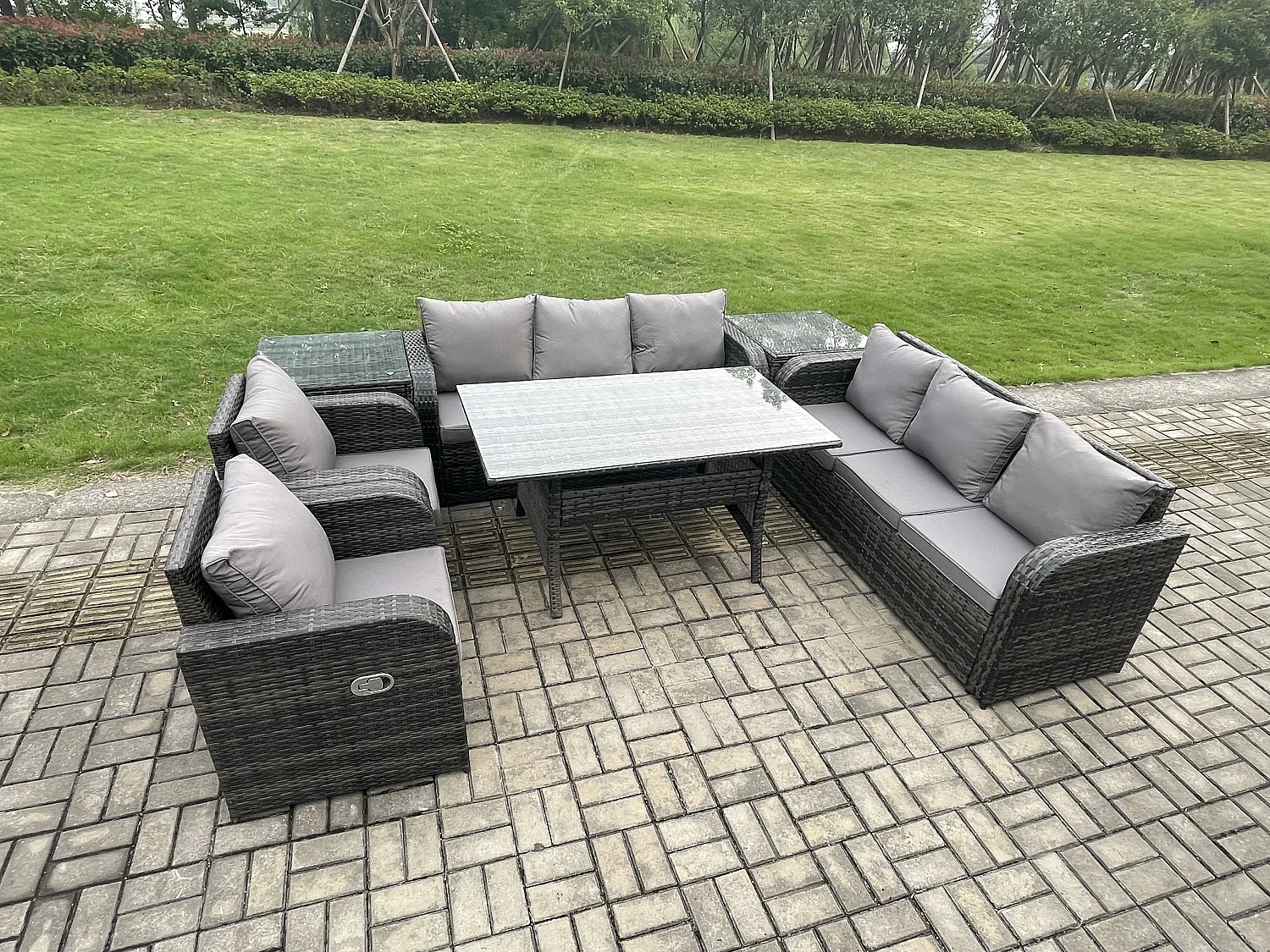 Fimous Outdoor Garden Patio Furniture Wicker Rattan Oblong Rectangular Dining Table and Lounge Sofa set with 2 Side Table Dark Grey Mixed