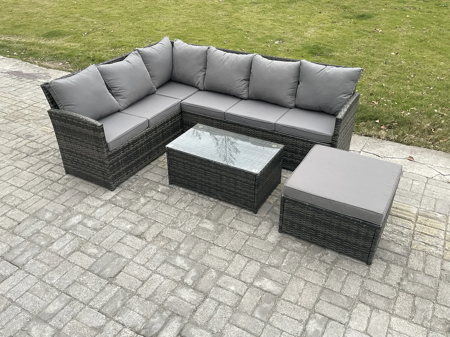 7 Sitzer Gartenmöbel-Set aus Rattan mit Couchtisch Großer Fußhocker Dunkelgrau gemischt
