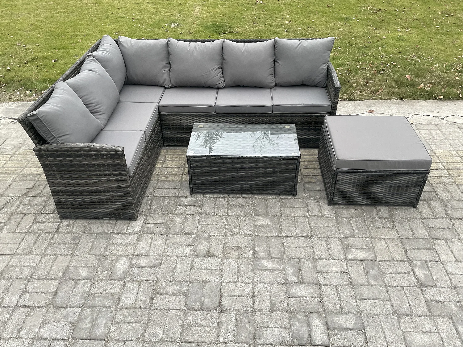 7 Sitzer Gartenmöbel-Set aus Rattan mit Couchtisch Großer Fußhocker Dunkelgrau gemischt