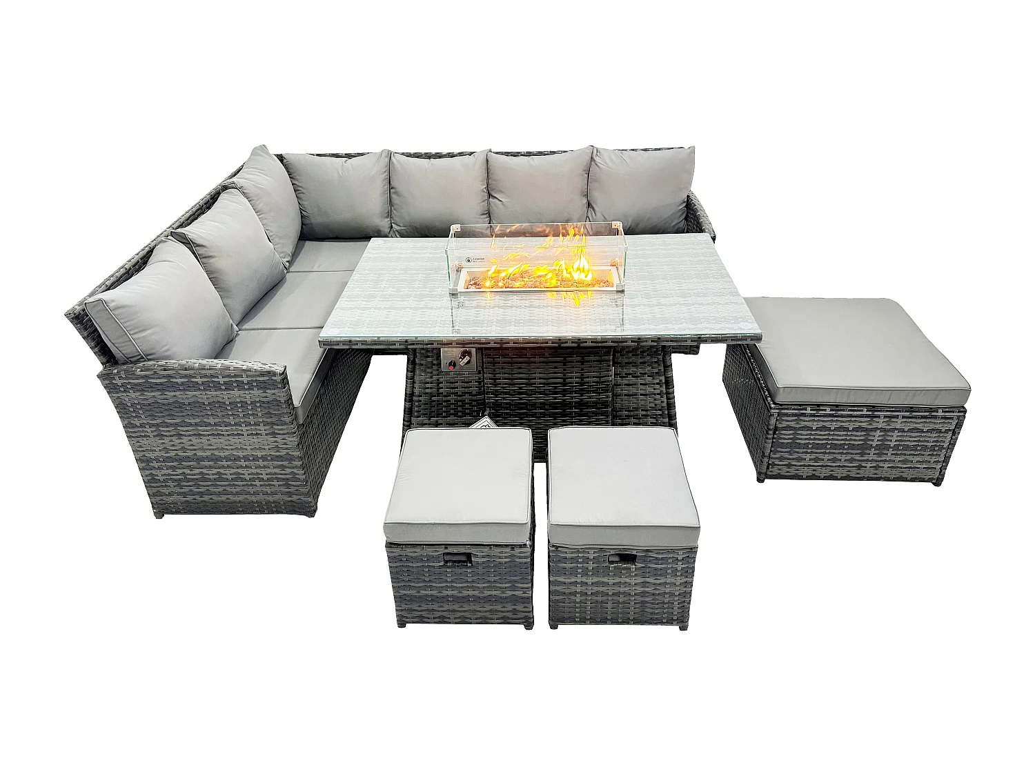 Fimous Rattan Garden Furniture High Back Corner Sofa Gas Fire Pit Dining Table Sets Gas Heater with 3 Footstools 9 Seater Dark Grey Mixed