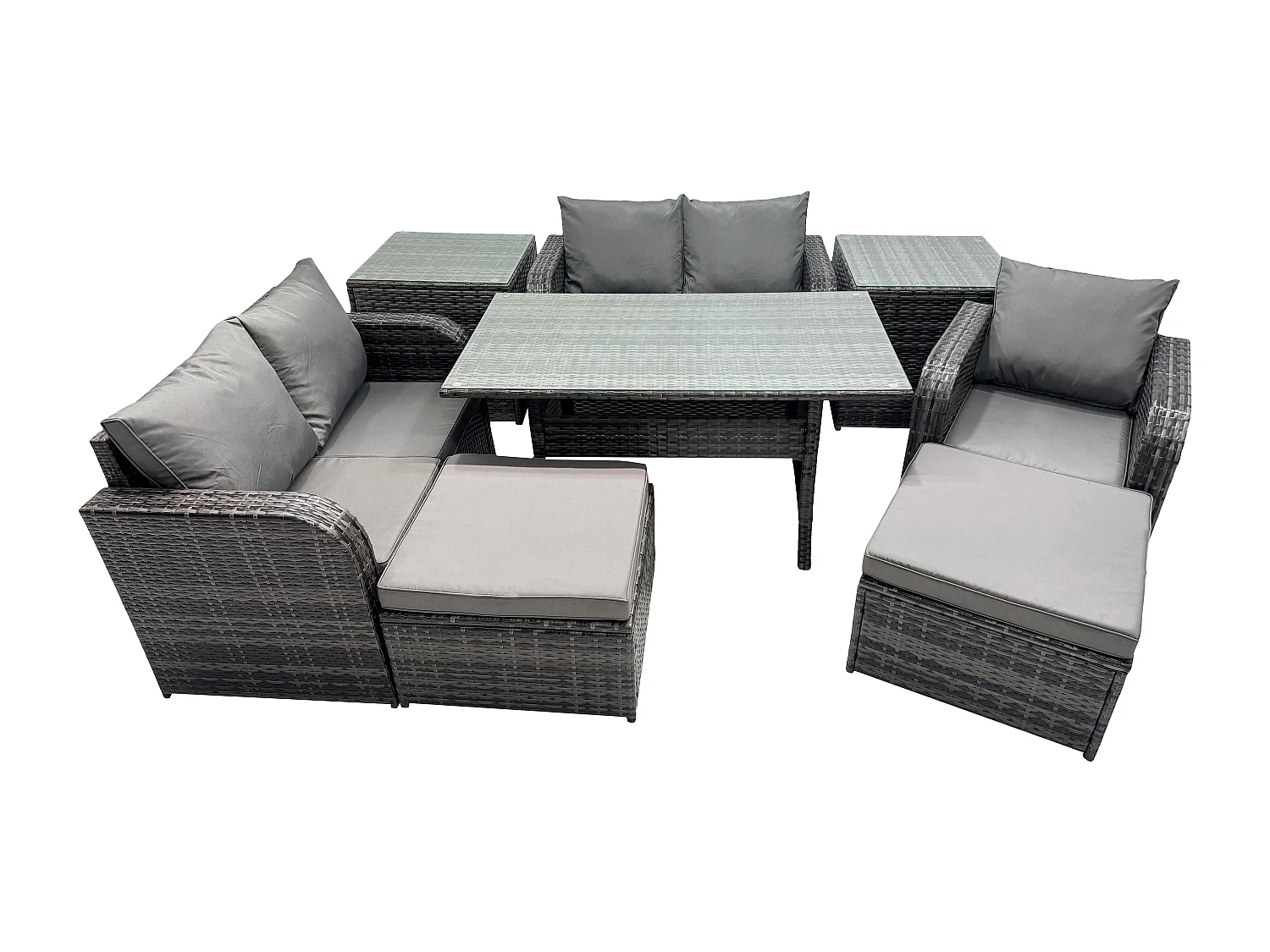 Fimous 7 Seater Lounge Rattan Sofa Set Outdoor Garden Furniture Oblong Rectangular Dining Table With Chairs 2 Big Footstool 2 Side Tables Dark Grey Mixed