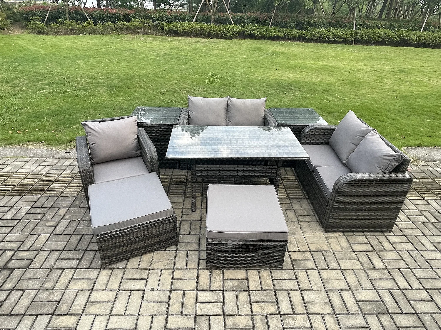 Fimous 7 Seater Lounge Rattan Sofa Set Outdoor Garden Furniture Oblong Rectangular Dining Table With Chairs 2 Big Footstool 2 Side Tables Dark Grey Mixed