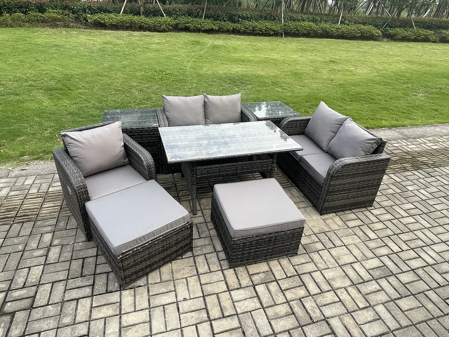 Fimous 7 Seater Lounge Rattan Sofa Set Outdoor Garden Furniture Oblong Rectangular Dining Table With Chairs 2 Big Footstool 2 Side Tables Dark Grey Mixed