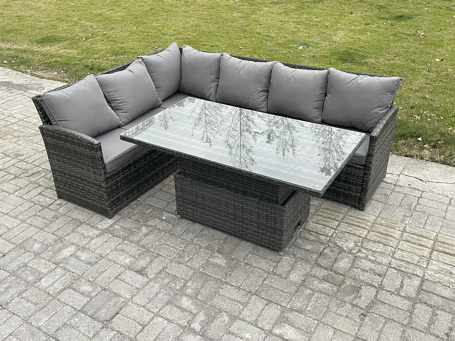 Gartenmöbel Set aus Polyrattan für den Außenbereich Höhenverstellbarer Esstisch Sofa Set mit Dunkelgrau gemischt
