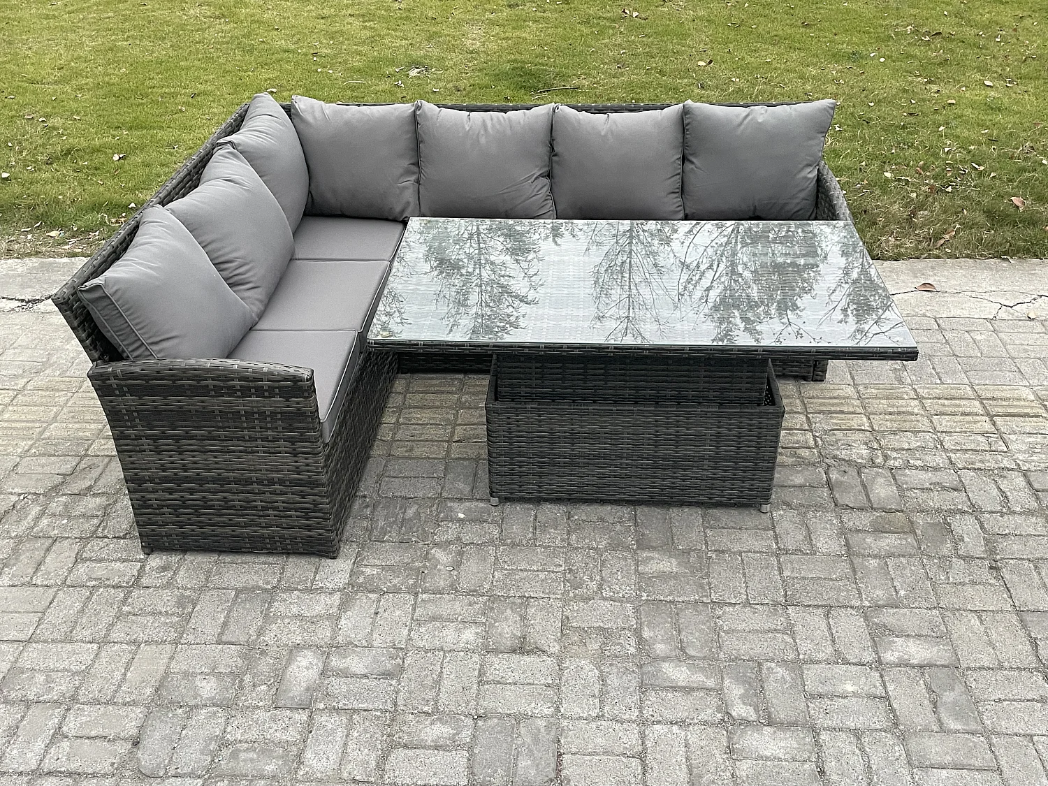 Gartenmöbel Set aus Polyrattan für den Außenbereich Höhenverstellbarer Esstisch Sofa Set mit Dunkelgrau gemischt