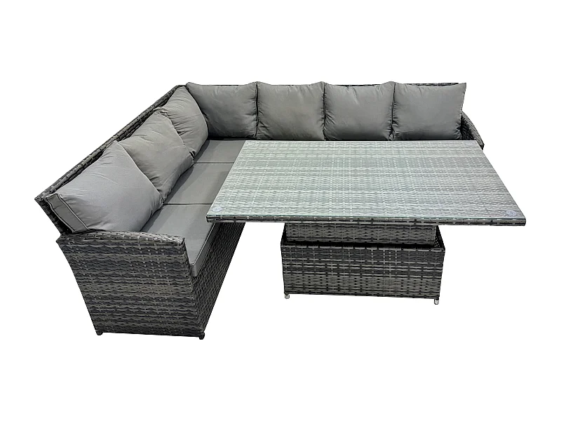 Gartenmöbel Set aus Polyrattan für den Außenbereich Höhenverstellbarer Esstisch Sofa Set mit Dunkelgrau gemischt