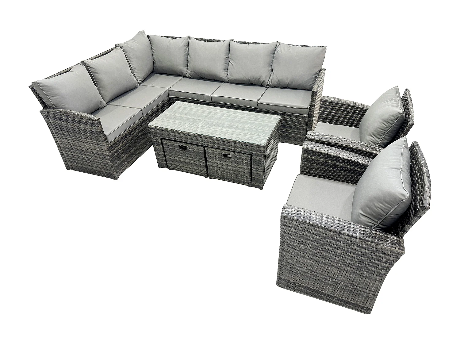 Fimous Rattan Garden Furniture Sets High Back Corner Sofa Oblong Coffee Table Set with 2 Small Footstool 2 Armchairs Dark Grey Mixed
