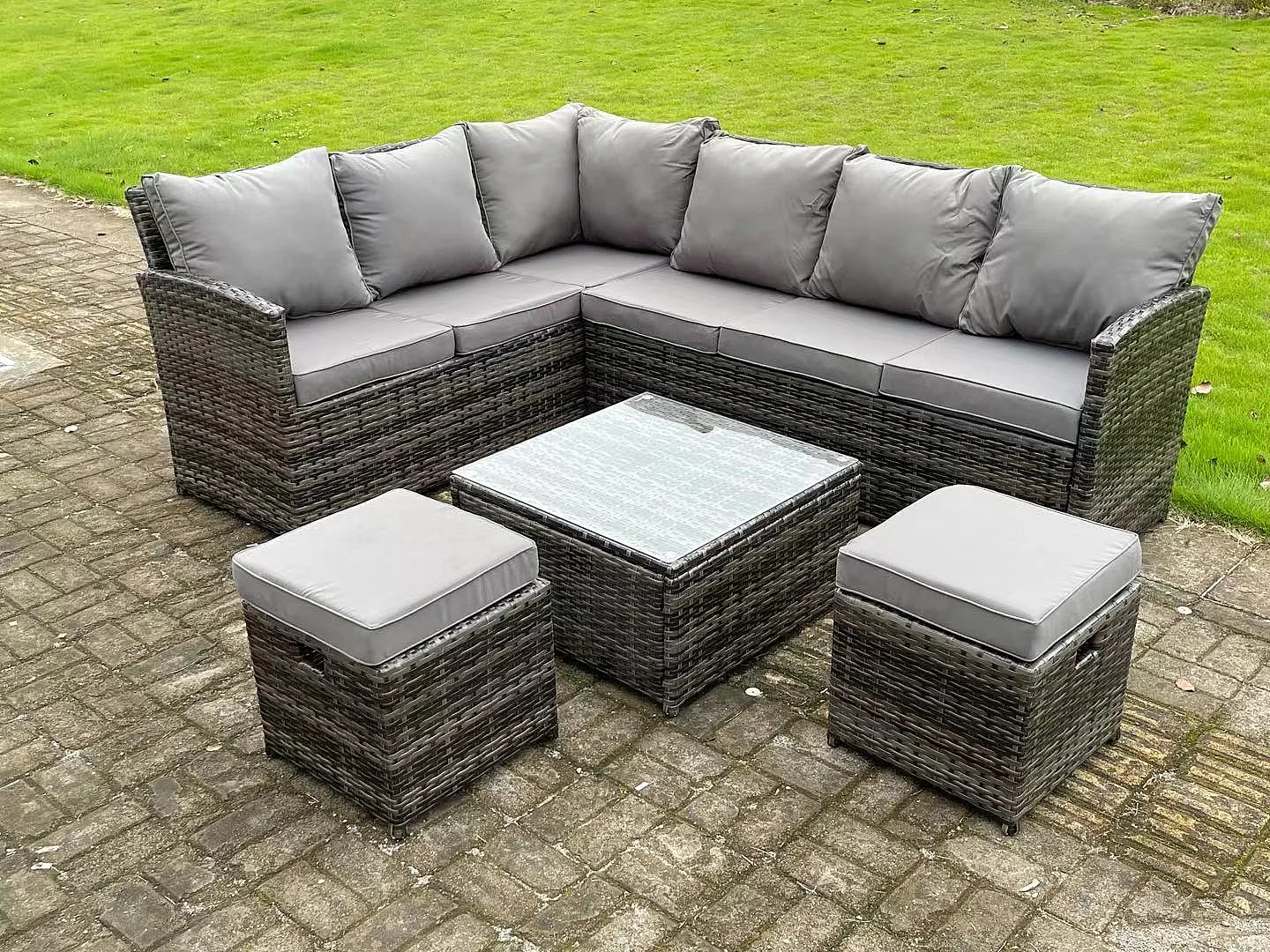 Hoher Rücken Dunkelgrau gemischt Rattan Ecksofa Set Gartenmöbel Quadratischer Couchtisch 2 kleine Fußhockern 8 Sitzer