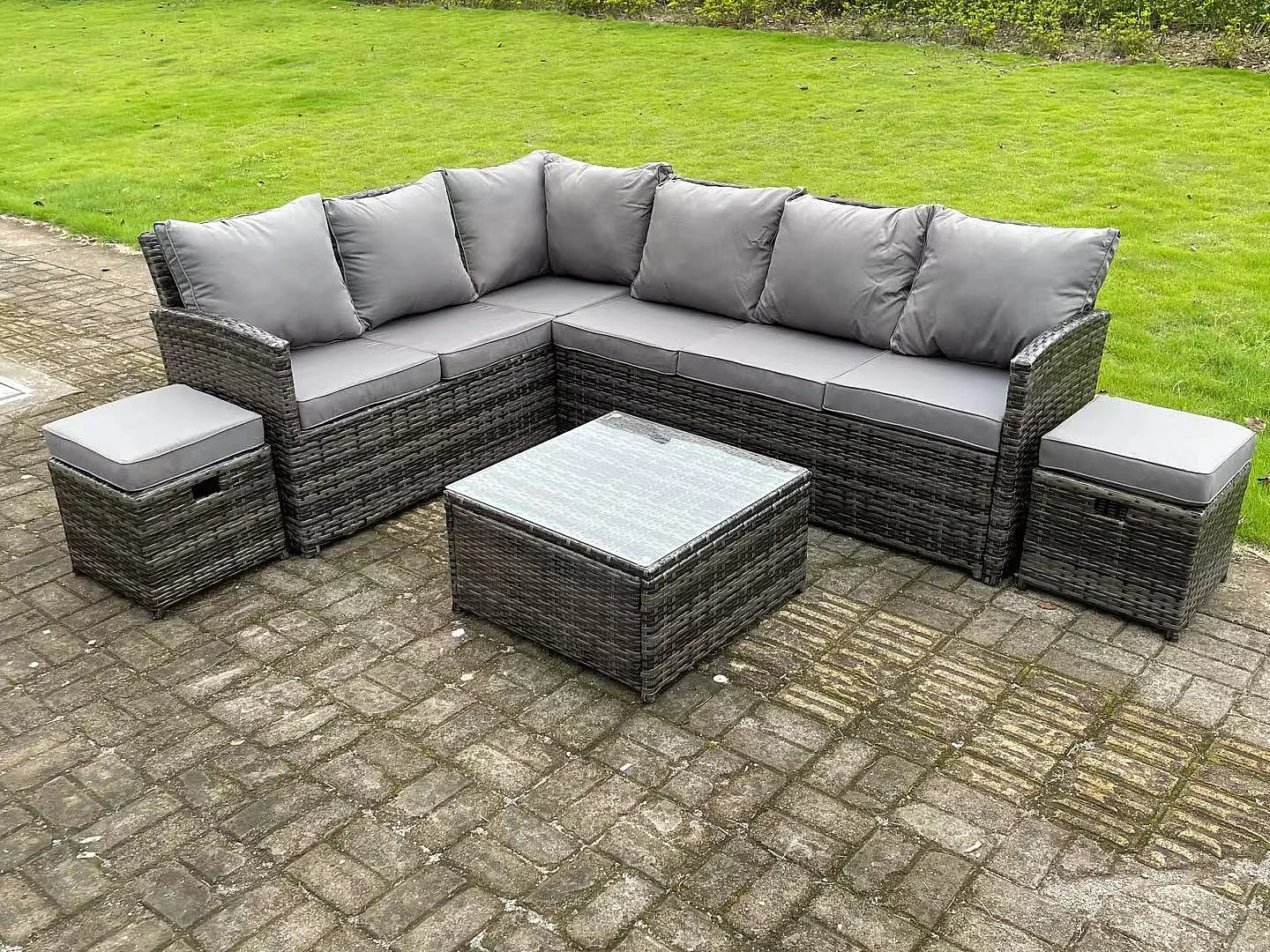 Hoher Rücken Dunkelgrau gemischt Rattan Ecksofa Set Gartenmöbel Quadratischer Couchtisch 2 kleine Fußhockern 8 Sitzer