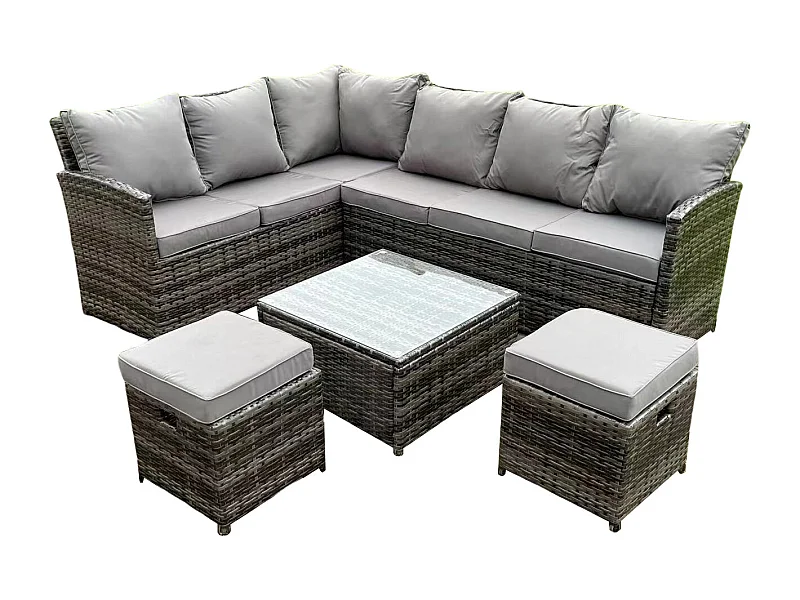 Hoher Rücken Dunkelgrau gemischt Rattan Ecksofa Set Gartenmöbel Quadratischer Couchtisch 2 kleine Fußhockern 8 Sitzer