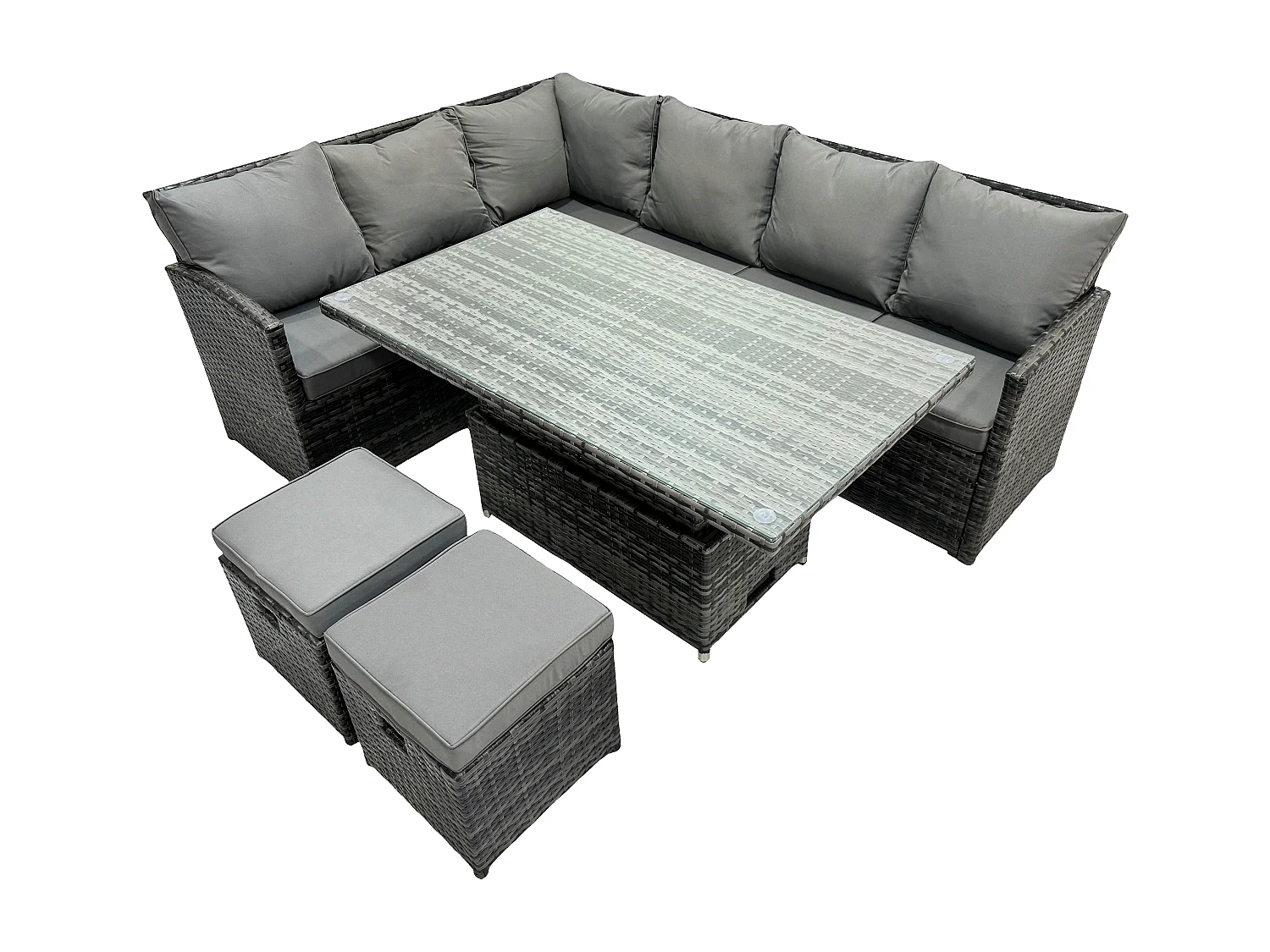 Fimous Wicker PE Outdoor Rattan Garden Furniture Set Height Adjustable Rising Lifting Table Sofa Dining Set with 2 Small Footstools Dark Grey Mixed