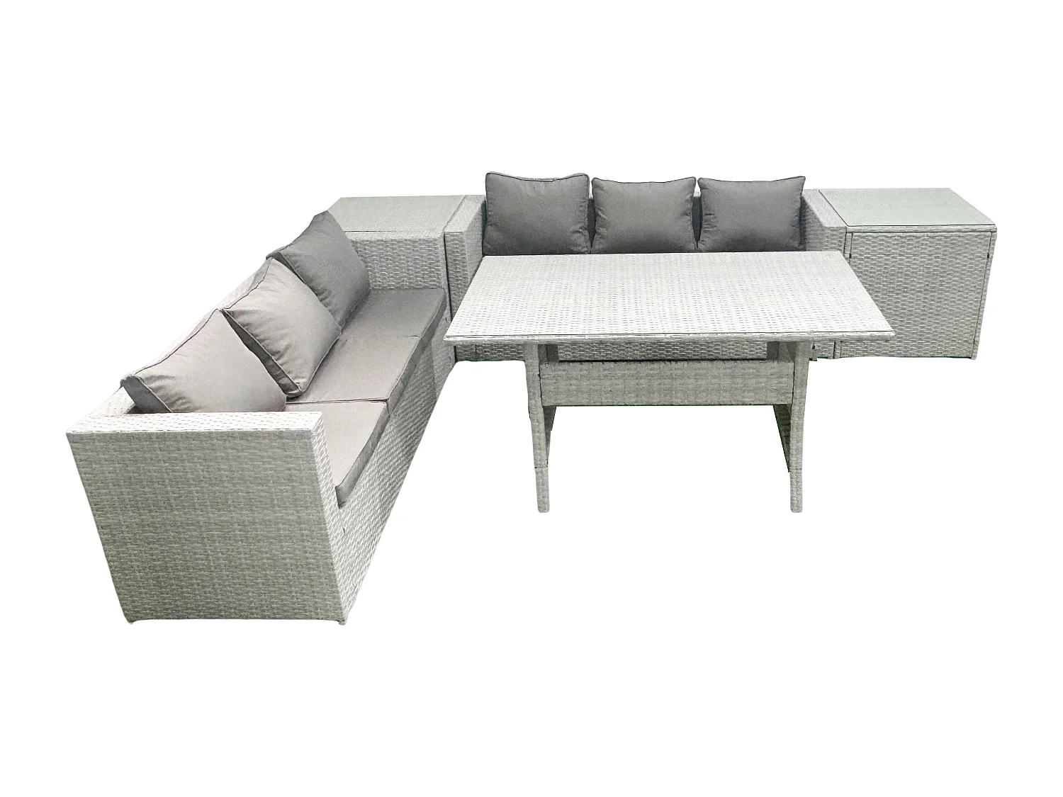 Rattan Gartenmöbel-Set 6 Sitzer mit Esstisch 2 Beistelltischen Hellgrau gemischt