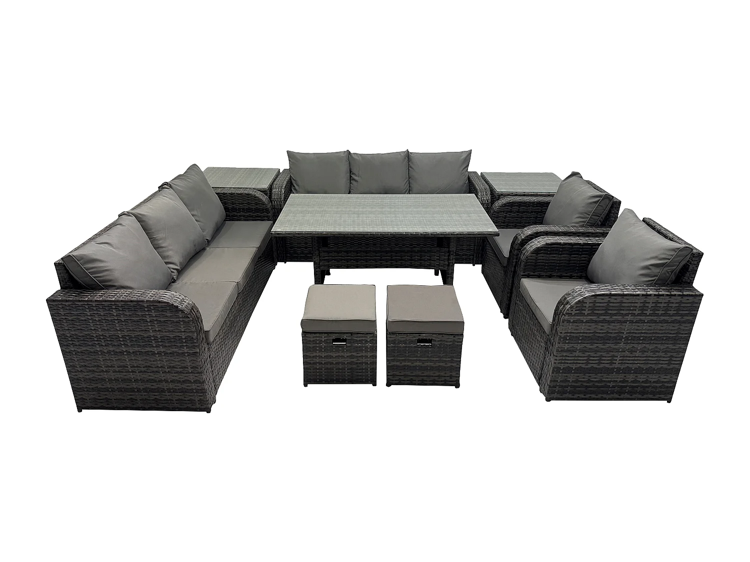 Fimous Outdoor Garden Patio Furniture Wicker Rattan Oblong Rectangular Dining Table and Lounge Sofa set with Adjustable Chair 2 Side Tables 2 Small Footstools