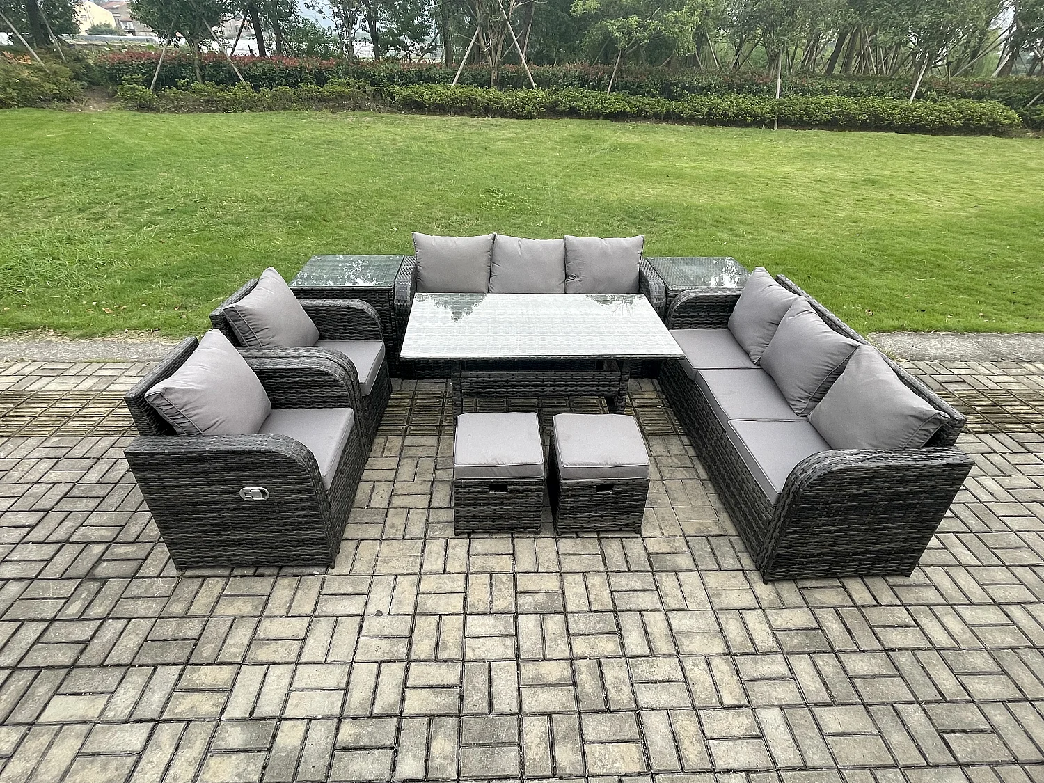 Fimous Outdoor Garden Patio Furniture Wicker Rattan Oblong Rectangular Dining Table and Lounge Sofa set with Adjustable Chair 2 Side Tables 2 Small Footstools