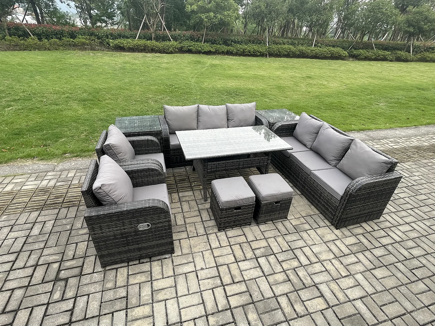 Fimous Outdoor Garden Patio Furniture Wicker Rattan Oblong Rectangular Dining Table and Lounge Sofa set with Adjustable Chair 2 Side Tables 2 Small Footstools
