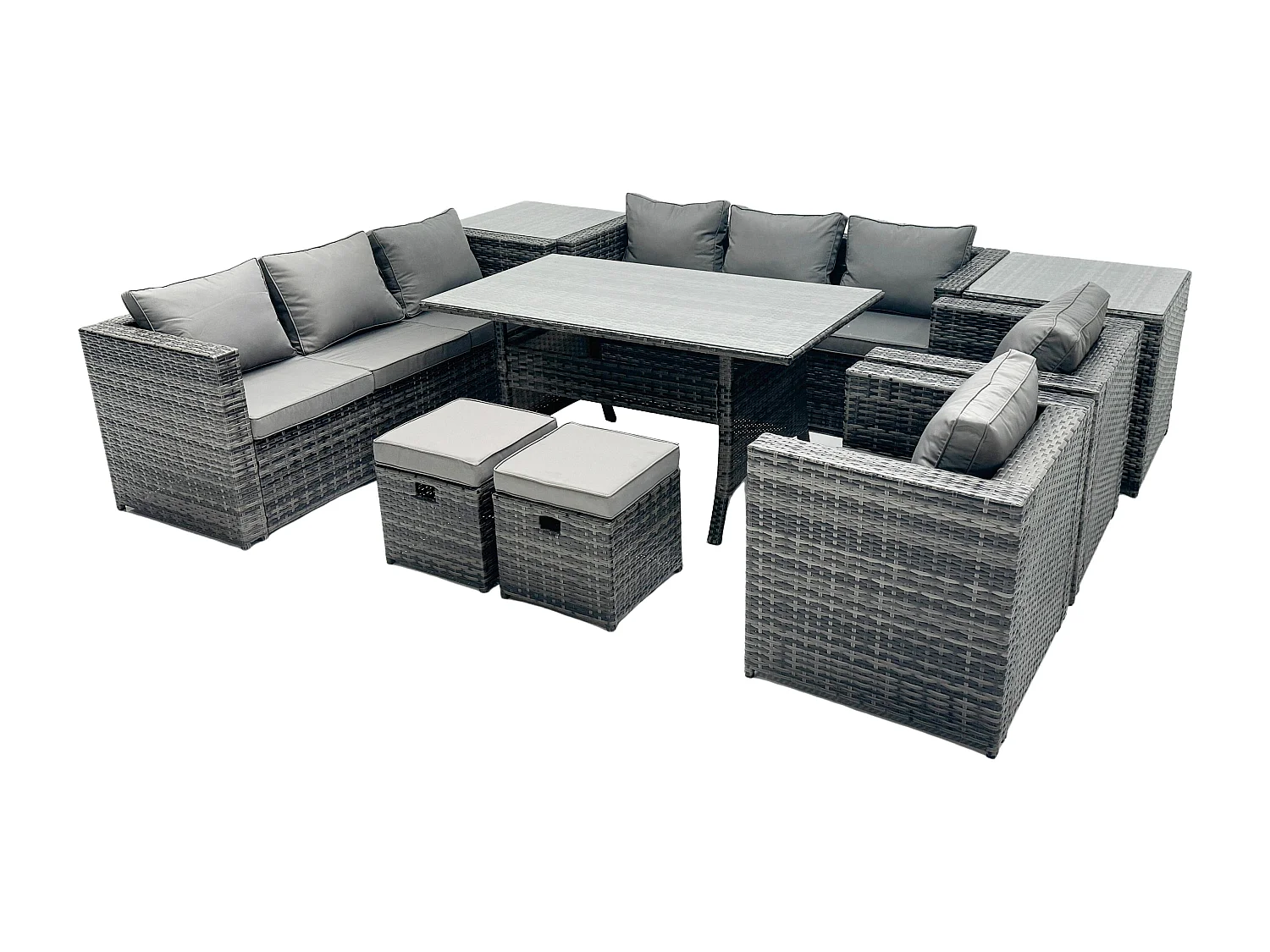 Fimous 10 Seater Outdoor Wicker Garden Furniture Rattan Lounge Sofa Set Patio Rectangular Dining Table with 2 Armchair 2 Side Table 2 Small Stools Dark Grey Mixed