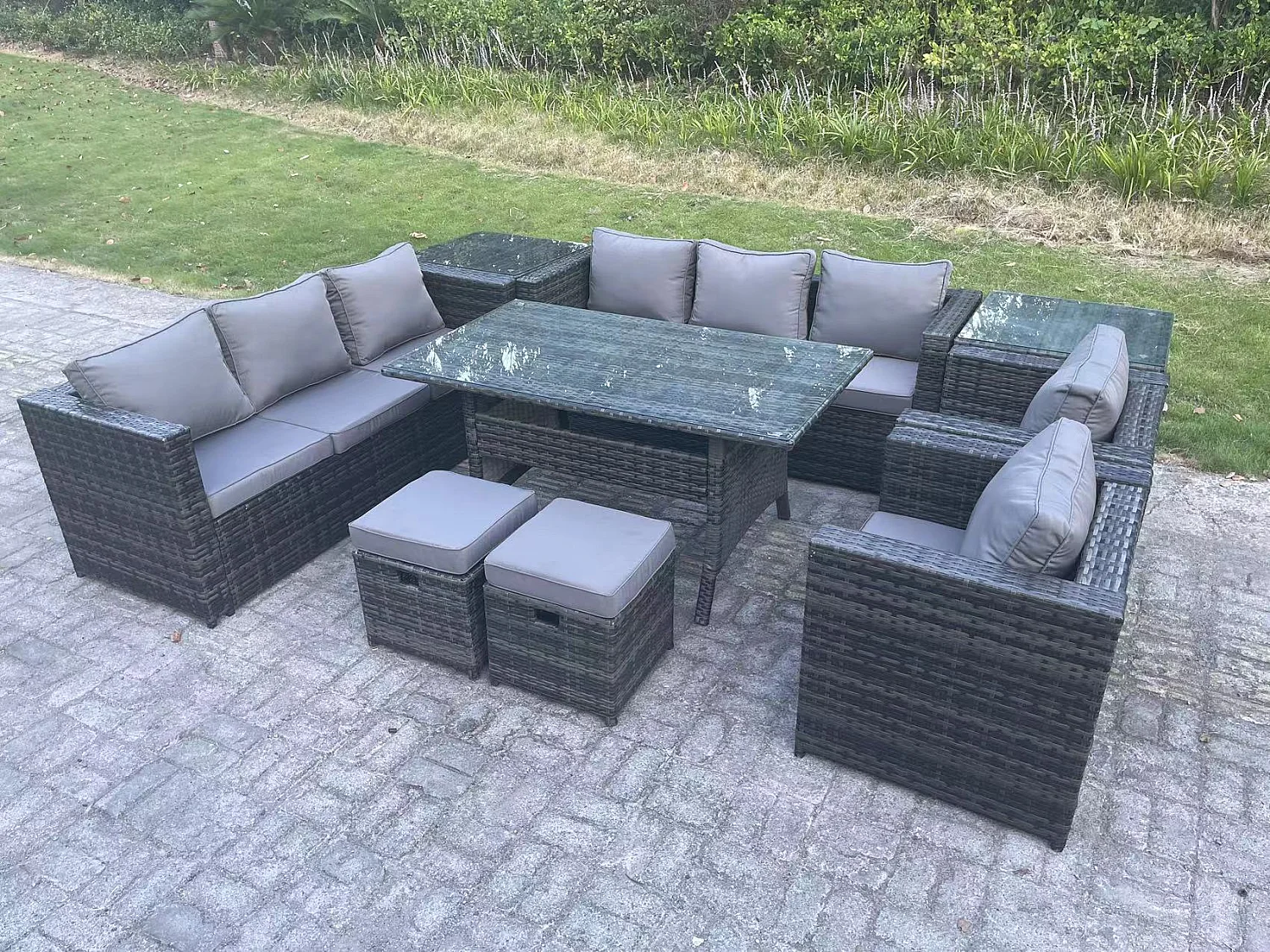 Fimous 10 Seater Outdoor Wicker Garden Furniture Rattan Lounge Sofa Set Patio Rectangular Dining Table with 2 Armchair 2 Side Table 2 Small Stools Dark Grey Mixed