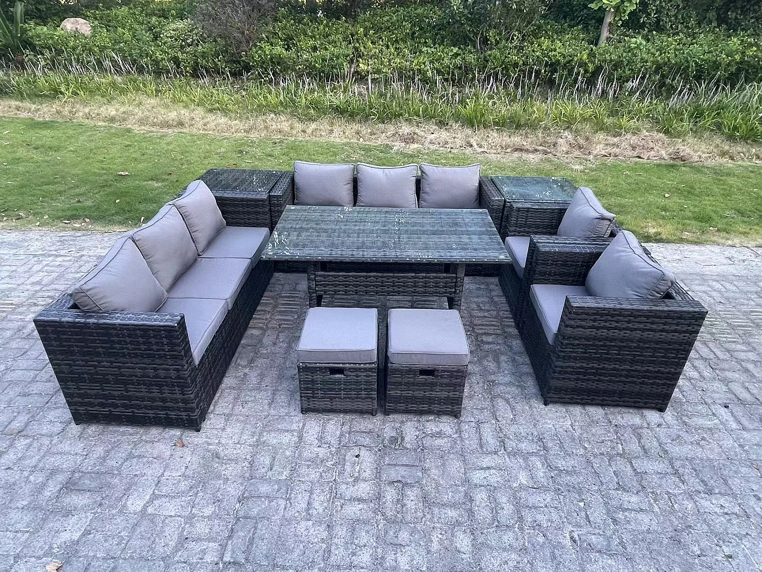 Fimous 10 Seater Outdoor Wicker Garden Furniture Rattan Lounge Sofa Set Patio Rectangular Dining Table with 2 Armchair 2 Side Table 2 Small Stools Dark Grey Mixed