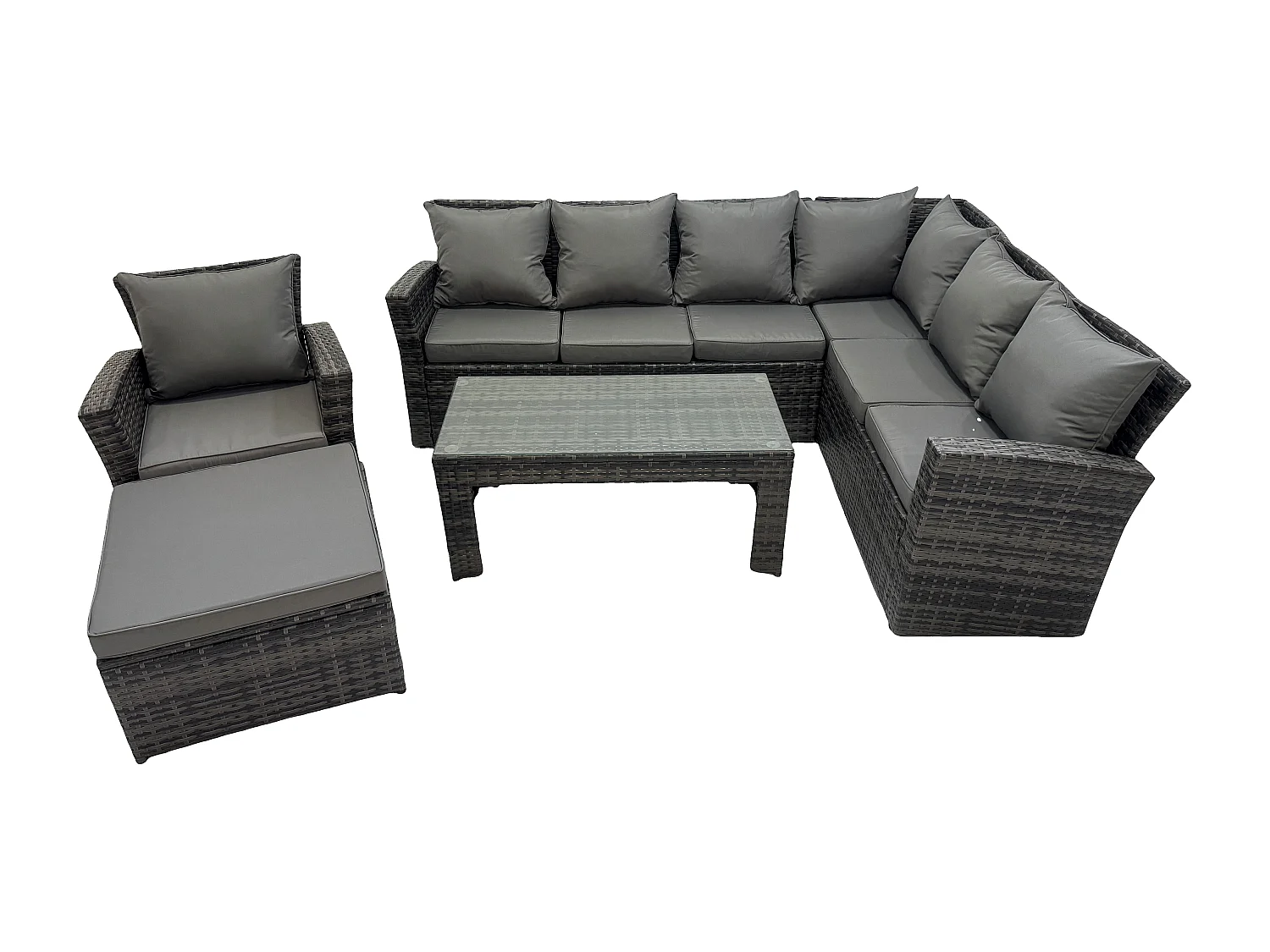Fimous Rattan Corner Sofa Garden Furniture Set with Big Footstool Rectangular Coffee Table Armchair with Cushion Dark Grey Mixed