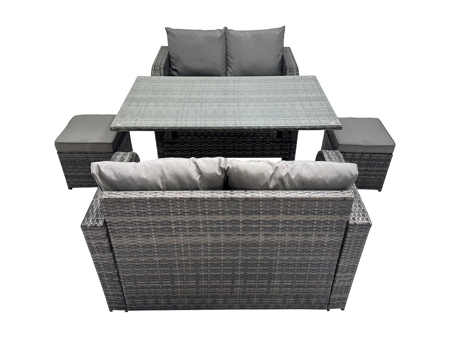 Terrassen Rattan Gartenmöbel-Set mit Langer rechteckiger Esstisch 2 kleine Fußhockern 6 Sitzer Outdoor Loveseat Sofa Set Dunkelgrau gemischt