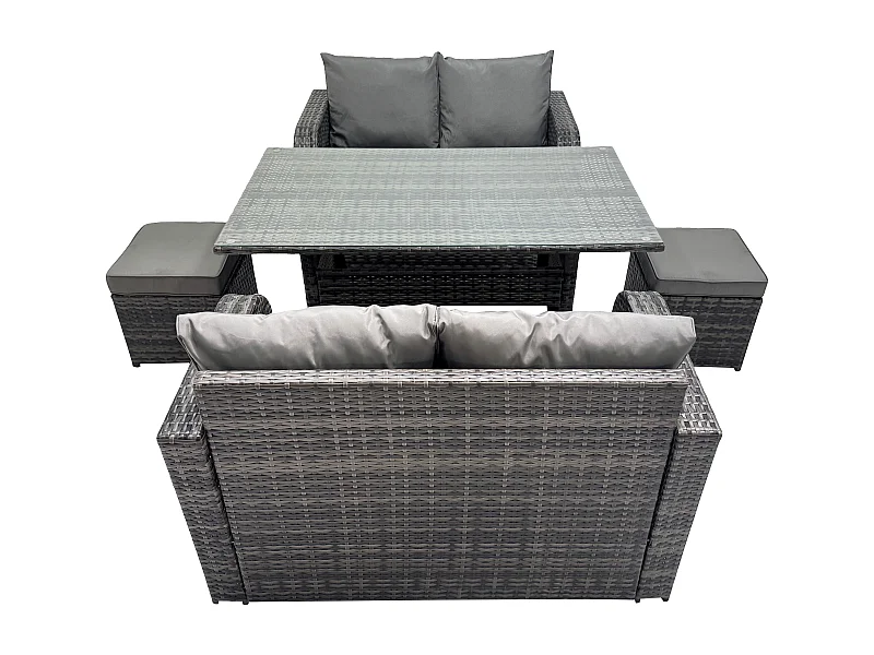 Terrassen Rattan Gartenmöbel-Set mit Langer rechteckiger Esstisch 2 kleine Fußhockern 6 Sitzer Outdoor Loveseat Sofa Set Dunkelgrau gemischt