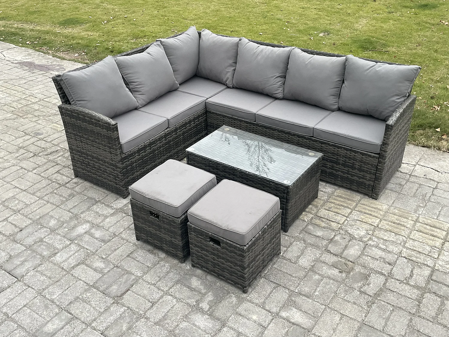 Gartenmöbel-Set aus Rattan mit Rechteckiger Couchtisch 2 kleine Fußhockern Dunkelgrau gemischt