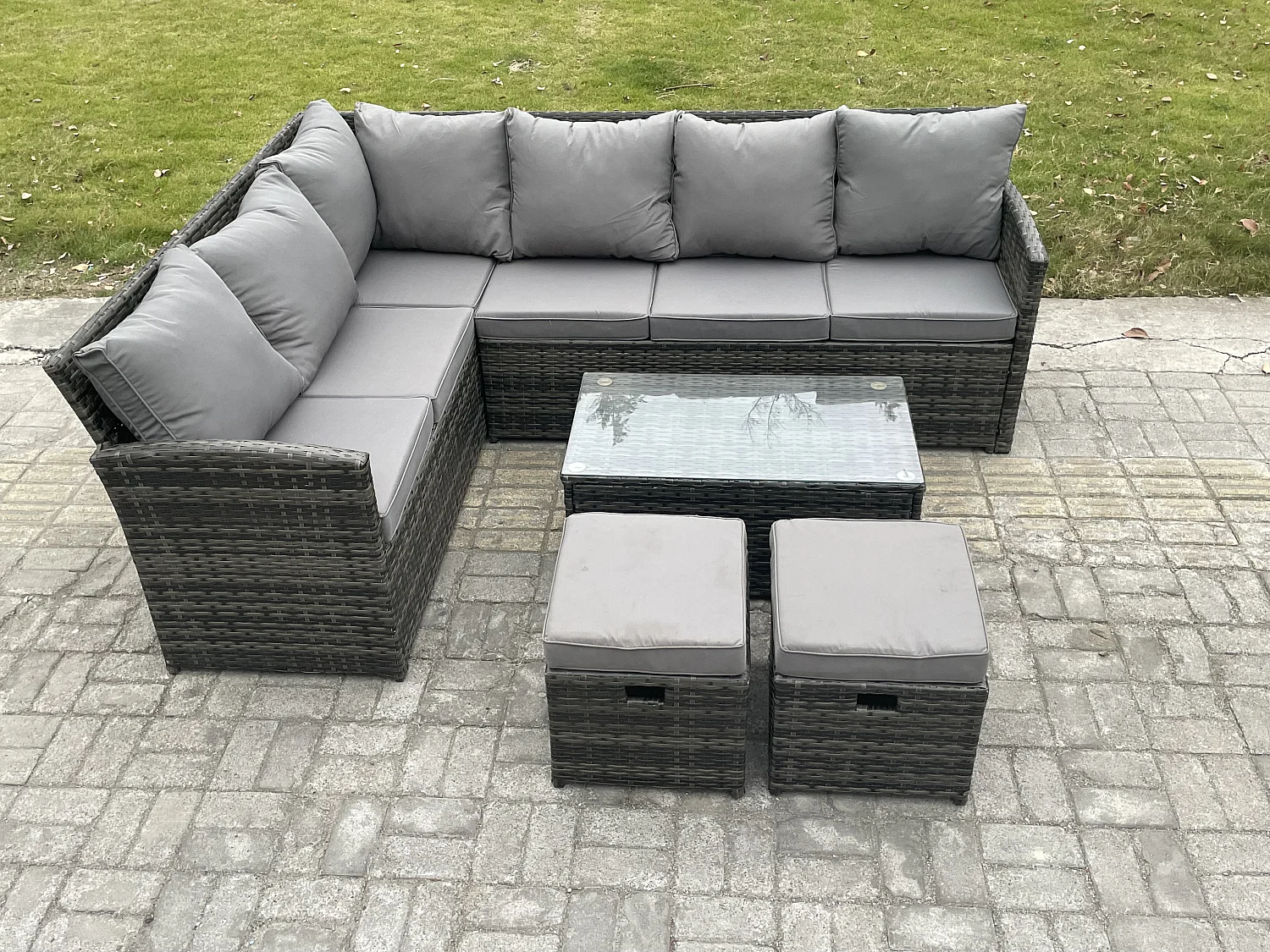 Gartenmöbel-Set aus Rattan mit Rechteckiger Couchtisch 2 kleine Fußhockern Dunkelgrau gemischt