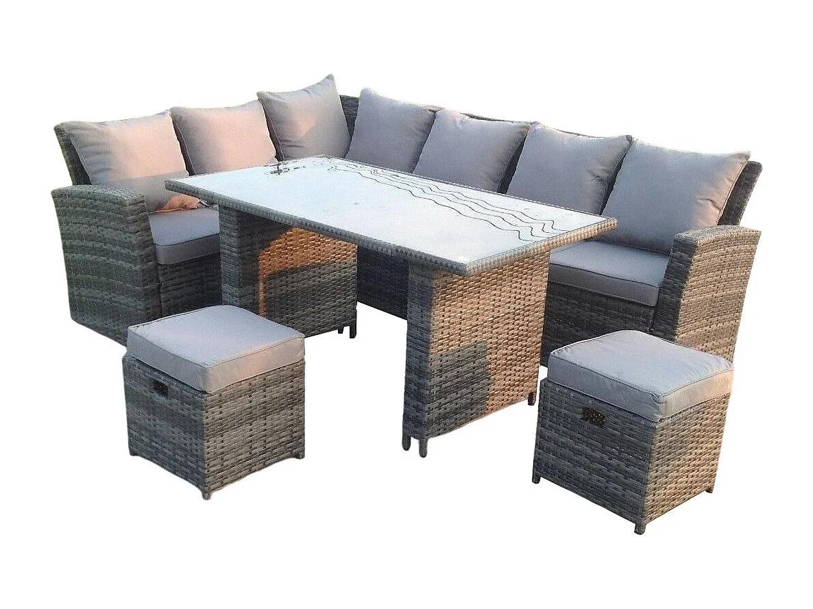 Hoher Rücken Grau gemischt Rattan Ecksofa Esstisch Set Tisch mit Hockern 8 Sitzer Linke Ecke