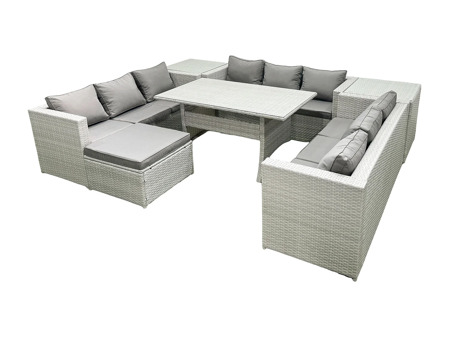 Polyrattan Gartenmöbel Set 10 Sitzer Garten Sofa Rechteckiger Esstisch Set mit Großer Fußhocker 2 Beistelltischen Hellgrau gemischt